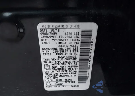 2019 Nissan Rogue Sv z USA, uszkodzony, nr VIN JN8AT2MV2KW379195